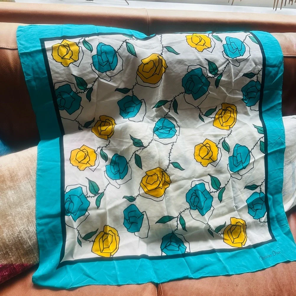 Christian Dior vintage Rose print silk scarf Rare colors(turquoise blue,bright)